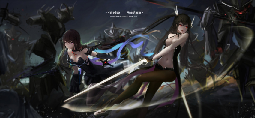 2girls bare_shoulders battle black_legwear blurry blurry_background breasts brown_eyes brown_hair center_opening cleavage detached_sleeves dress elbow_gloves gloves highres long_hair mismatched_gloves multiple_girls one_eye_closed pantyhose pixiv_fantasia pixiv_fantasia_revenge_of_the_darkness red_eyes revealing_clothes side_ponytail strapless strapless_dress sword wangchuan_de_quanyan weapon