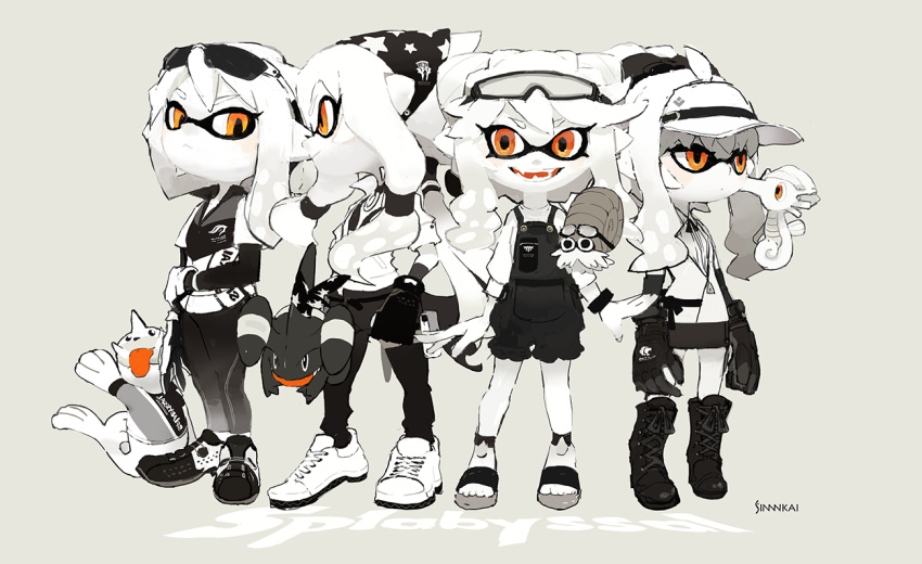 4girls artist_name bandanna black_legwear boots collared_shirt domino_mask double_bun expressionless fangs feet flip-flops full_body gible gloves grey_background hair_ornament half-closed_eyes horsea inkling limited_palette long_sleeves looking_at_viewer looking_to_the_side mask monochrome multiple_girls omanyte open_mouth orange_eyes pants pokemon pokemon_(creature) ponytail sandals seel shirt shoes sidelocks siirakannu simple_background skirt smile sneakers splat_roller_(splatoon) splatoon splatoon_2 standing starry_sky_print sunglasses sunglasses_on_head suspenders teeth tentacle_hair tongue tongue_out visor_cap