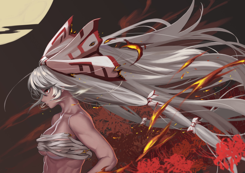 1girl absurdres bare_arms bow breasts commentary_request fire flower fujiwara_no_mokou full_moon hair_bow highres long_hair medium_breasts moon muscle muscular_female night night_sky profile red_eyes sarashi silver_hair sky solo spider_lily touhou upper_body very_long_hair white_bow zuidai