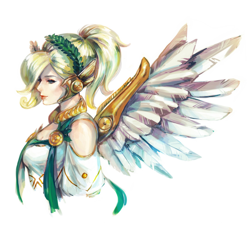 1girl alternate_costume blonde_hair blue_eyes breasts commentary feathered_wings from_side hair_over_one_eye head_wreath headpiece high_ponytail highres jewelry laurel_crown mechanical_wings medium_hair mercy_(overwatch) nvalkyrja overwatch profile red_lips short_sleeves simple_background small_breasts solo upper_body white_background winged_victory_mercy wings