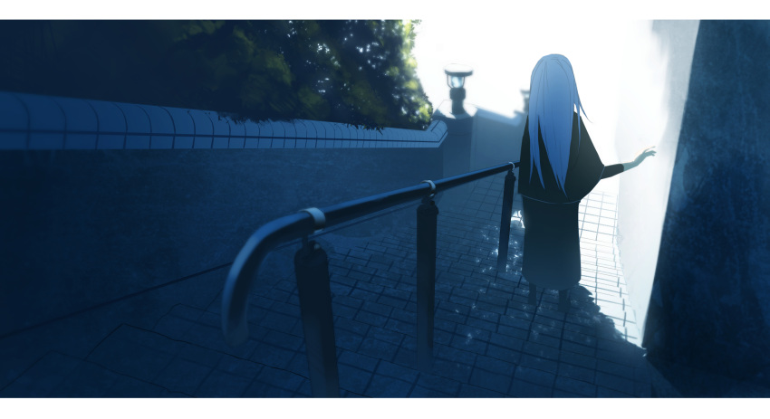 1girl asuteroid from_behind highres looking_away original railing scenery solo stairs white_hair