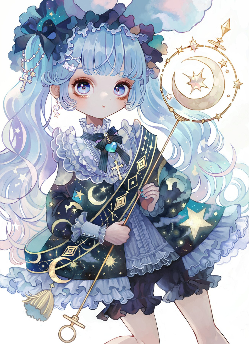 1girl bangs blue_eyes blue_hair blue_nails blush crescent dress earrings frilled_dress frilled_hairband frills hairband headdress highres holding jewelry lalala222 lolita_fashion long_hair looking_at_viewer original ribbon simple_background smile solo staff standing star_(symbol) twintails very_long_hair white_background