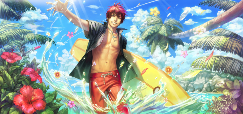 1boy arm_at_side arm_up bare_arms bare_chest blue_sky character_request chest clouds collarbone collared_shirt cowboy_shot day flower graphite_(medium) grin holding holding_surfboard jewelry kuroko_no_basuke light_rays looking_at_viewer male_focus mechanical_pencil navel ocean open_clothes open_shirt outdoors palm_tree pants pencil pendant red_eyes redhead shirt short_hair sky smile solo splashing stomach suiact sunbeam sunlight surfboard toned toned_male traditional_media tree wading water