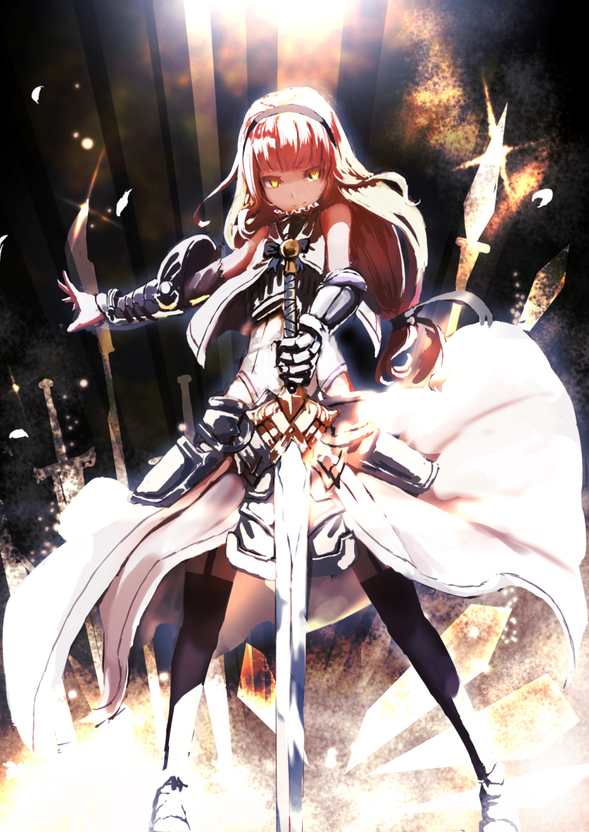 1girl armor armored_dress blonde_hair breastplate full_body garter_straps gauntlets highres knight leotard long_hair looking_at_viewer low-tied_long_hair namacotan pixiv_fantasia pixiv_fantasia_revenge_of_the_darkness sword thigh-highs weapon yellow_eyes