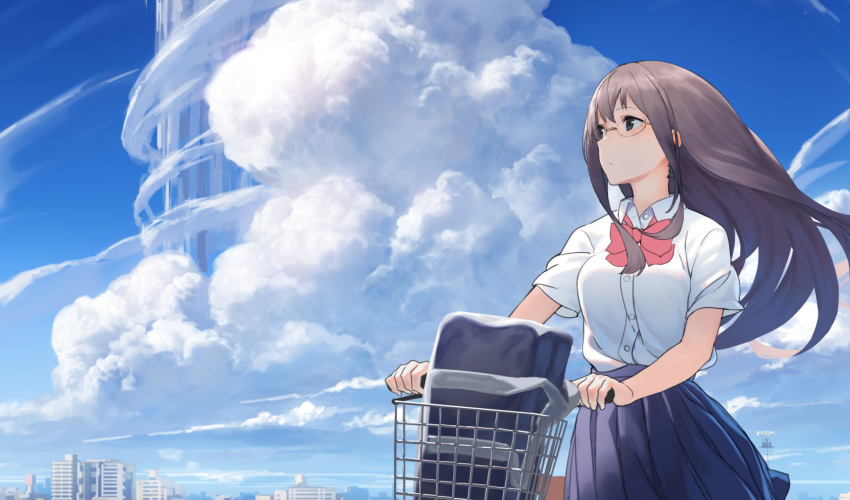 1girl bag bangs bicycle blue_skirt blue_sky breasts brown_eyes brown_hair buttons clouds cloudy_sky collared_shirt day dress_shirt floating_hair glasses ground_vehicle highres izumi_sai long_hair original outdoors pleated_skirt school_bag school_uniform shirt short_sleeves shoulder_bag skirt sky solo tower white_shirt wind wing_collar