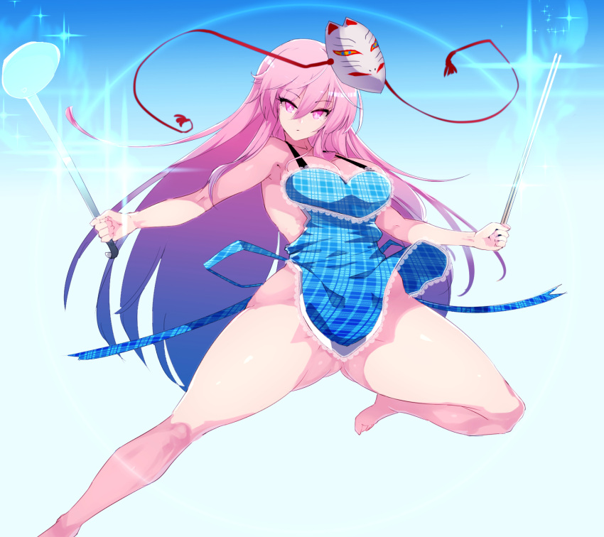 1girl apron blush breasts curvy dual_wielding expressionless fox_mask hata_no_kokoro highres ladle large_breasts long_hair mask naked_apron pink_hair plaid sekiyu_(spartan) solo thick_thighs thighs touhou tsurime very_long_hair
