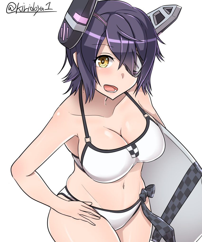 1girl absurdres bikini breasts checkered checkered_necktie cleavage eyepatch hand_on_hip headgear highres kantai_collection kickboard kiritto large_breasts looking_at_viewer necktie purple_hair short_hair simple_background solo swimsuit tenryuu_(kantai_collection) twitter_username white_background white_bikini yellow_eyes
