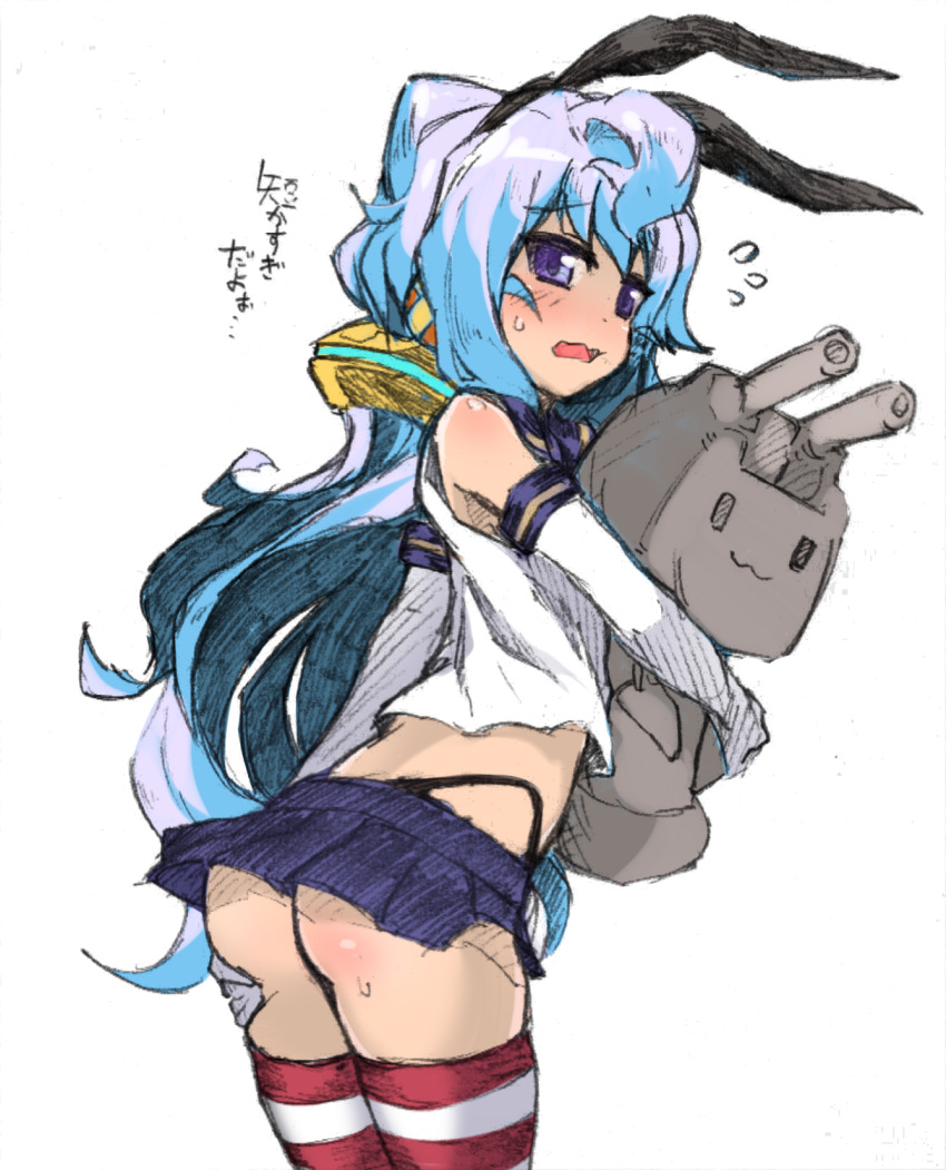 1boy :3 ahoge ass blue_eyes blue_hair blue_skirt bow commentary_request cosplay cowboy_shot crop_top dot_nose elbow_gloves flying_sweatdrops from_behind fukurou_(owl222) gloves hacka_doll hacka_doll_3 hair_bow highres kantai_collection long_hair miniskirt open_mouth panties pantyshot pantyshot_(standing) pleated_skirt rensouhou-chan school_uniform serafuku shimakaze_(kantai_collection) shimakaze_(kantai_collection)_(cosplay) shirt simple_background skirt standing striped striped_legwear thigh-highs thong translation_request trap underwear very_long_hair white_background white_gloves white_shirt