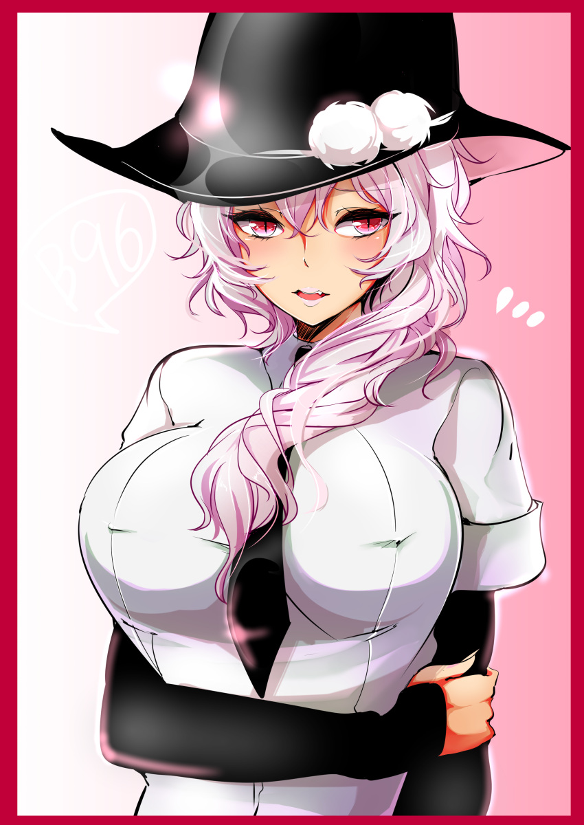1girl absurdres agetama black_bullet black_necktie blush breasts collared_shirt fang fuse_midori hair_over_shoulder hat highres large_breasts long_hair long_sleeves looking_at_viewer necktie older parted_lips pink_eyes pink_hair shirt short_sleeves slit_pupils solo upper_body white_shirt witch_hat