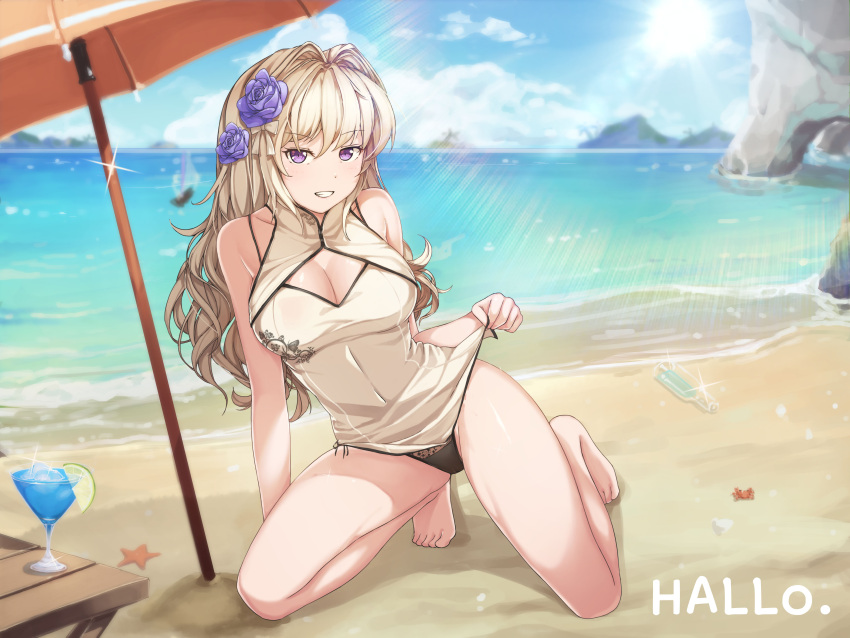 1girl absurdres arm_support beach beach_umbrella blonde_hair blue_skirt blush breasts cleavage cleavage_cutout clouds crab eyebrows_visible_through_hair flower garter_straps glass_bottle hair_flower hair_intakes hair_ornament hallohi highres kneeling lace lace-trimmed_panties large_breasts lime_slice long_hair looking_at_viewer ocean original palm_tree panties shoreline skirt smile solo starfish swimsuit tree umbrella underwear