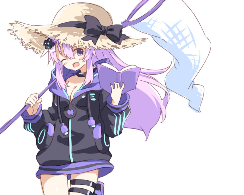1girl adult_neptune blush butterfly_net d-pad hair_ornament hand_net hat highres hood jacket long_hair looking_at_viewer neptune_(series) normaland purple_hair shin_jigen_game_neptune_vii smile solo straw_hat violet_eyes