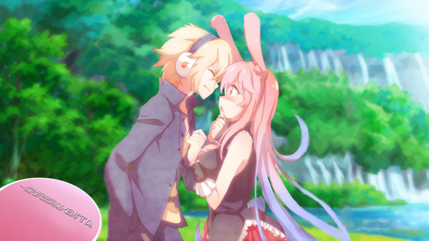 1boy 1girl ^_^ animal_ears artist_name bangs bare_shoulders blonde_hair blue_hair blue_sky blurry blurry_background blush breasts bunny_tail bush chrisandita cleavage closed_eyes clouds couple day detached_collar eyebrows eyebrows_visible_through_hair eyelashes face-to-face forest frills from_side gradient_hair grass hair_between_eyes hand_on_another's_face happy headphones hetero highres imminent_kiss kurousagi_(mondaiji) long_hair long_sleeves looking_at_another medium_breasts mondaiji-tachi_ga_isekai_kara_kuru_sou_desu_yo? multicolored multicolored_clothes multicolored_hair nature open_mouth outdoors parted_lips pink_eyes pink_hair plant profile rabbit_ears red_skirt sakamaki_izayoi school_uniform shirt short_hair signature simple_background skirt sky sleeveless sleeveless_shirt smile standing sunlight tail tree upper_body water wrist_cuffs