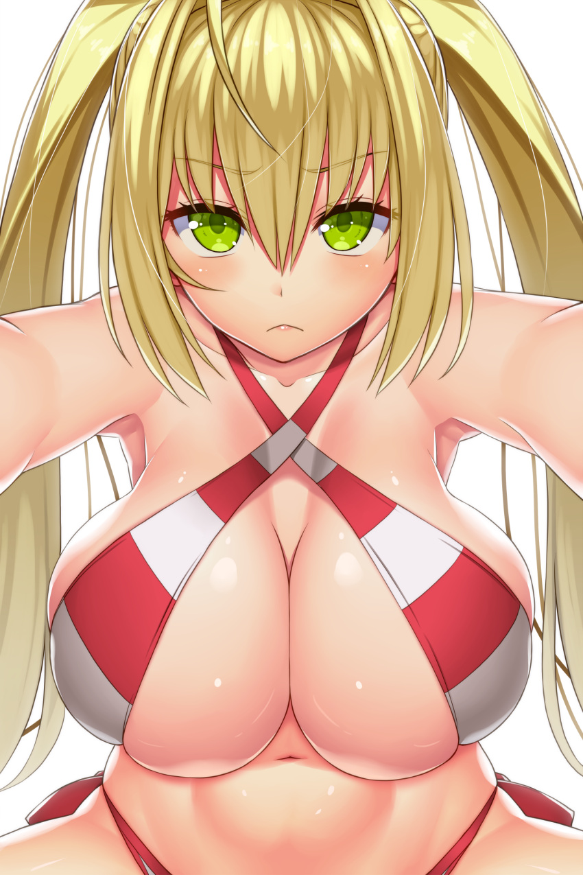 1girl :&lt; asamura_hiori bangs bikini blonde_hair blush breasts cleavage closed_mouth criss-cross_halter eyebrows_visible_through_hair fate/grand_order fate_(series) green_eyes hair_between_eyes halter_top halterneck highres large_breasts long_hair looking_at_viewer nero_claudius_(swimsuit)_(fate) red_bikini saber_extra simple_background solo striped striped_bikini swimsuit tsurime twintails white_background