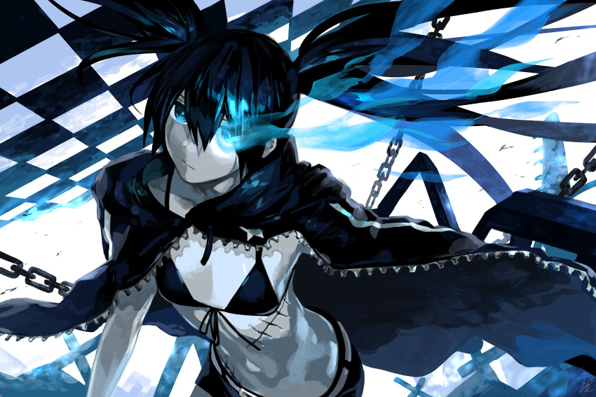 1girl absurdres belt black_bikini_top black_cloak black_hair black_rock_shooter black_rock_shooter_(character) black_shorts blue_eyes burning_eye chains checkered collarbone flat_chest floating_hair front-tie_bikini front-tie_top hair_between_eyes highres long_hair looking_at_viewer midriff scar short_shorts shorts solo stomach twintails unzipped very_long_hair