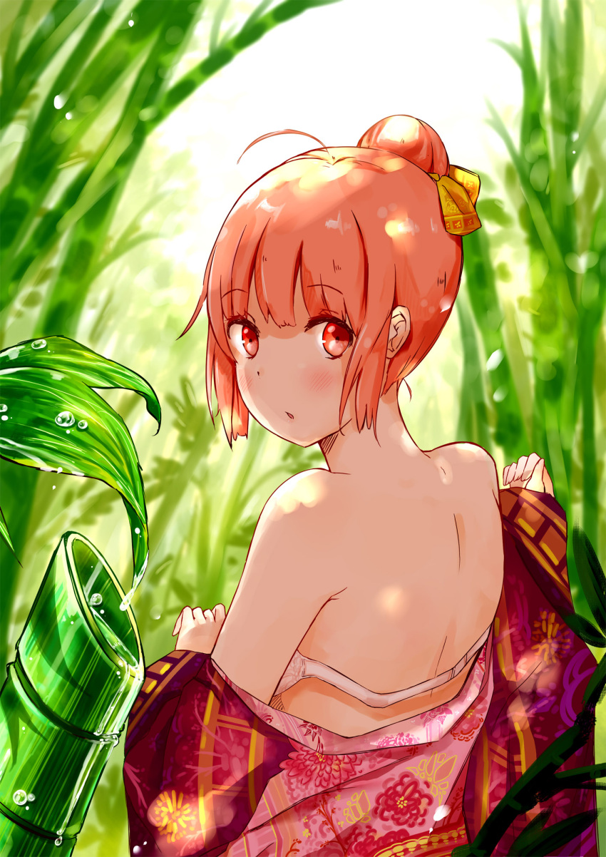 1girl :o ahoge back bamboo bamboo_forest bangs bare_shoulders blunt_bangs blush bra day eyebrows_visible_through_hair fingernails floral_print forest from_behind hair_bun hair_ribbon highres hmw_(pixiv7054584) japanese_clothes kimono leaf long_fingernails long_sleeves looking_at_viewer looking_back nature off_shoulder open_mouth orange_eyes orange_hair original outdoors plant ribbon short_hair sidelocks solo twisted_neck underwear upper_body water_drop wide_sleeves yellow_ribbon