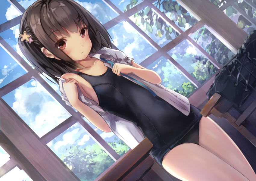 1girl black_hair blue_swimsuit blush brown_eyes classroom commentary_request hair_ornament highres indoors looking_at_viewer missile228 no_pants one-piece_swimsuit one_side_up open_clothes open_shirt original school_swimsuit shirt short_hair solo standing star star_hair_ornament swimsuit swimsuit_under_clothes undressing window
