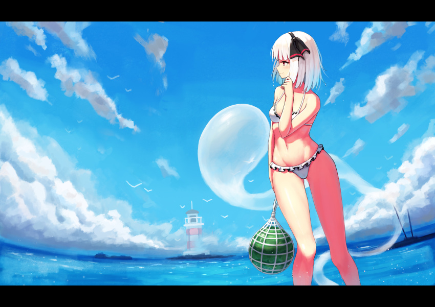 1girl absurdres blush breasts closed_mouth day eyebrows_visible_through_hair food fruit highres konpaku_youmu konpaku_youmu_(ghost) letterboxed lighthouse looking_away medium_breasts navel outdoors short_hair sky smile solo touhou watermelon white_hair yao_ren_gui