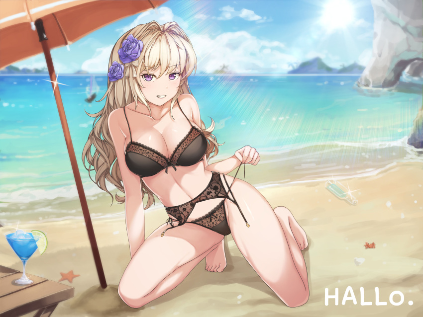 1girl absurdres arm_support beach beach_umbrella blonde_hair blue_skirt blush breasts cleavage cleavage_cutout clouds crab eyebrows_visible_through_hair flower garter_belt garter_straps glass_bottle hair_flower hair_intakes hair_ornament hallohi highres kneeling lace lace-trimmed_panties large_breasts lime_slice long_hair looking_at_viewer ocean original palm_tree panties shoreline side-tie_panties skirt smile solo starfish tree umbrella underwear untying violet_eyes