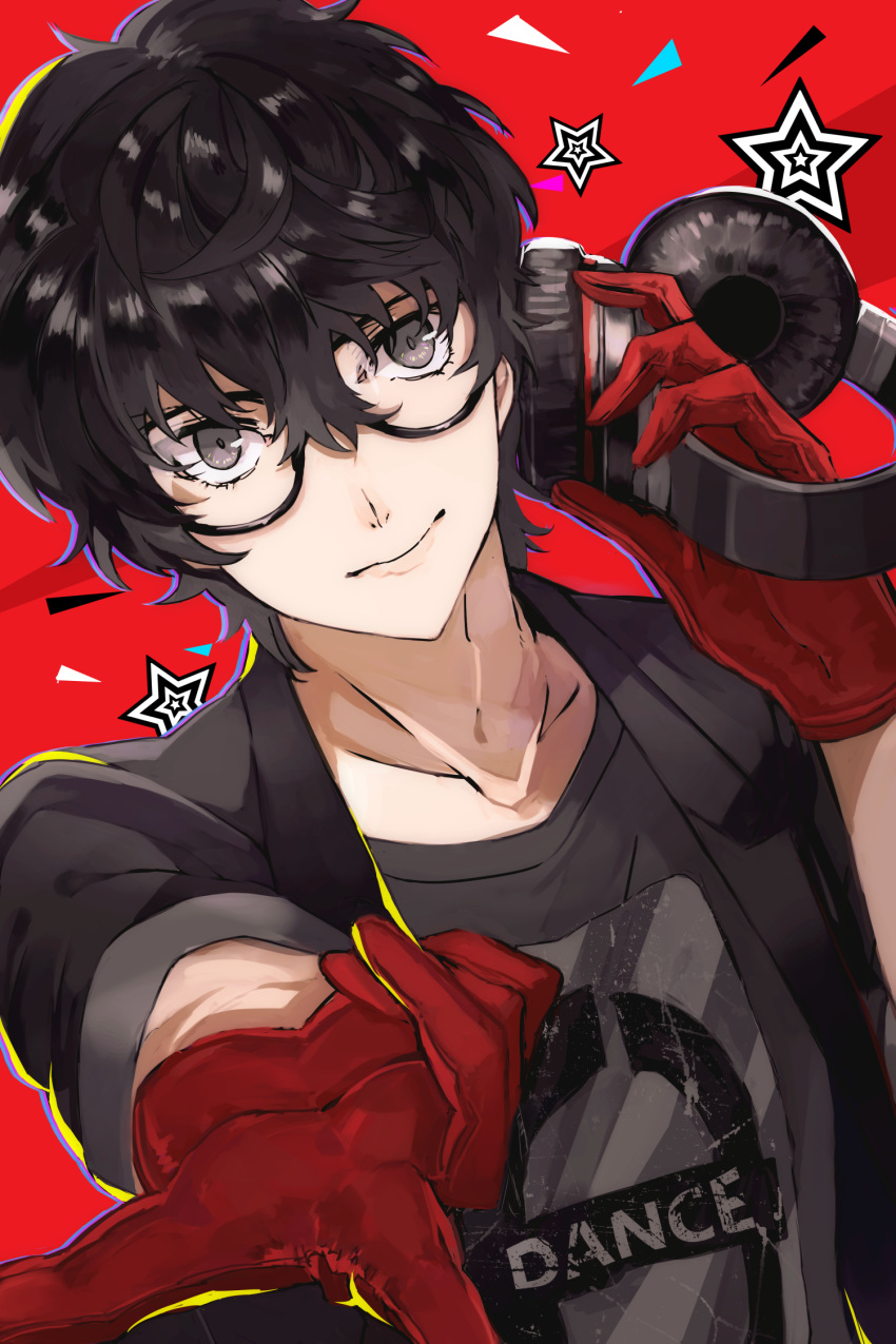 1boy black_hair glasses gloves highres kanro_(3637_3637) kurusu_akira looking_at_viewer male_focus persona persona_5 persona_5:_dancing_star_night red_gloves short_hair smile