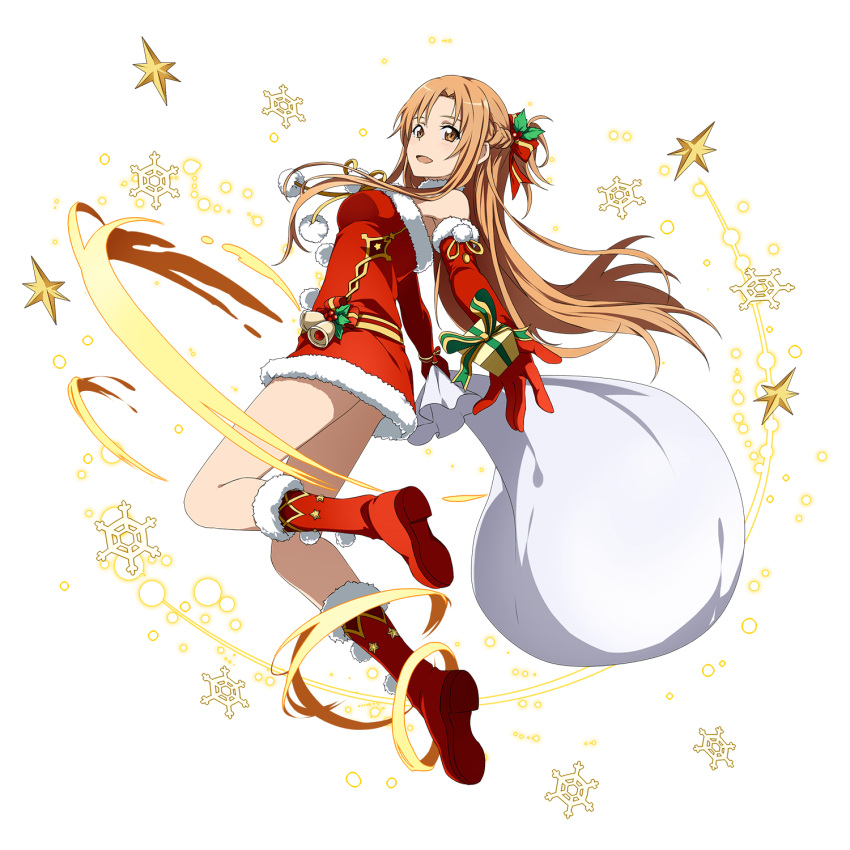 1girl :d asuna_(sao) boots box brown_eyes brown_hair choker dress elbow_gloves floating_hair full_body gift gift_bag gift_box gloves hair_ribbon highres long_hair looking_at_viewer open_mouth red_boots red_dress red_gloves ribbon santa_boots santa_costume santa_gloves short_dress sleevless_dress smile solo strapless strapless_dress striped striped_ribbon sword_art_online transparent_background tube_dress very_long_hair