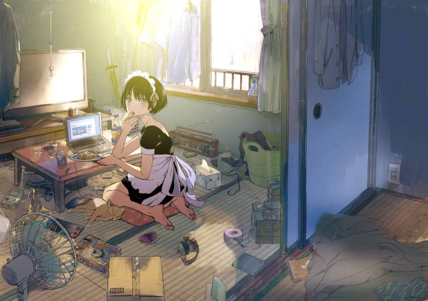 1girl apron bare_legs barefoot black_hair boombox box bucket clothes clutter commentary_request computer electric_fan finger_licking food from_behind game_boy handheld_game_console headphones highres indoors laptop licking looking_back maid maid_apron maid_headdress mebae original plate room short_hair sitting solo table television tissue_box tongue tongue_out waist_apron wariza window