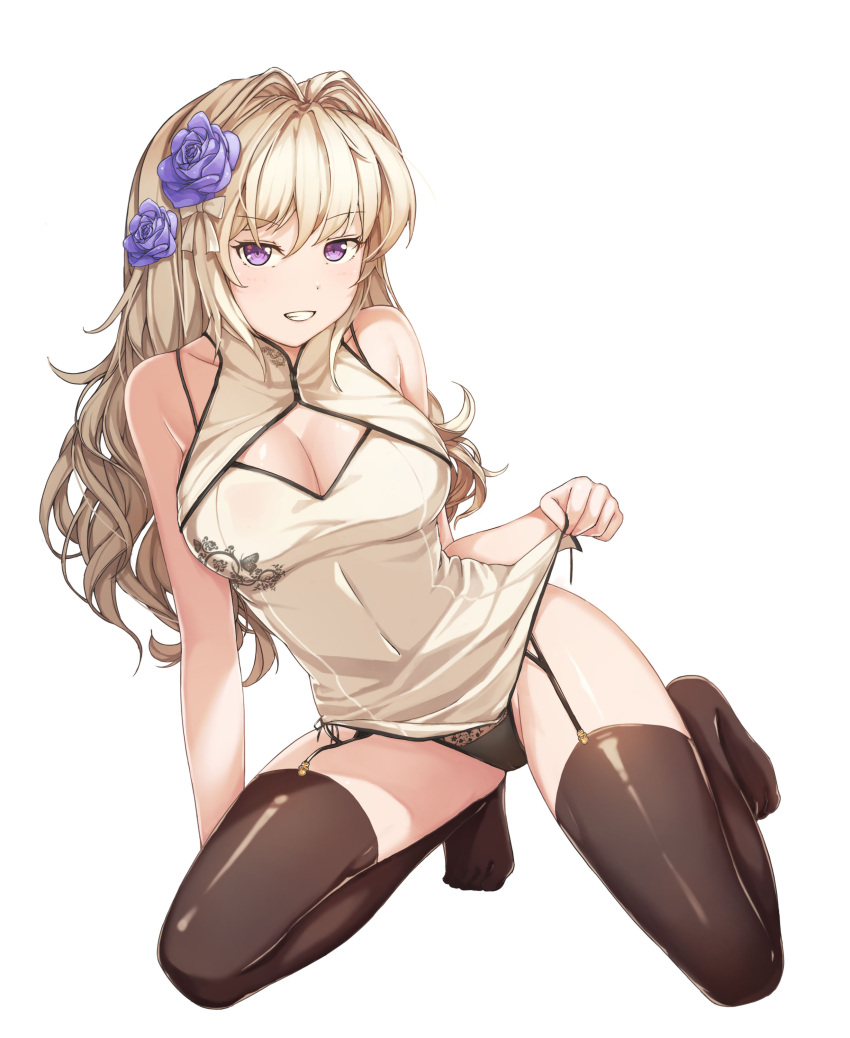 1girl absurdres arm_support blonde_hair blue_skirt blush breasts cleavage cleavage_cutout eyebrows_visible_through_hair flower garter_straps hair_flower hair_intakes hair_ornament hallohi highres kneeling lace lace-trimmed_panties large_breasts long_hair looking_at_viewer original panties shoreline side-tie_panties skirt smile solo underwear untying violet_eyes white_background