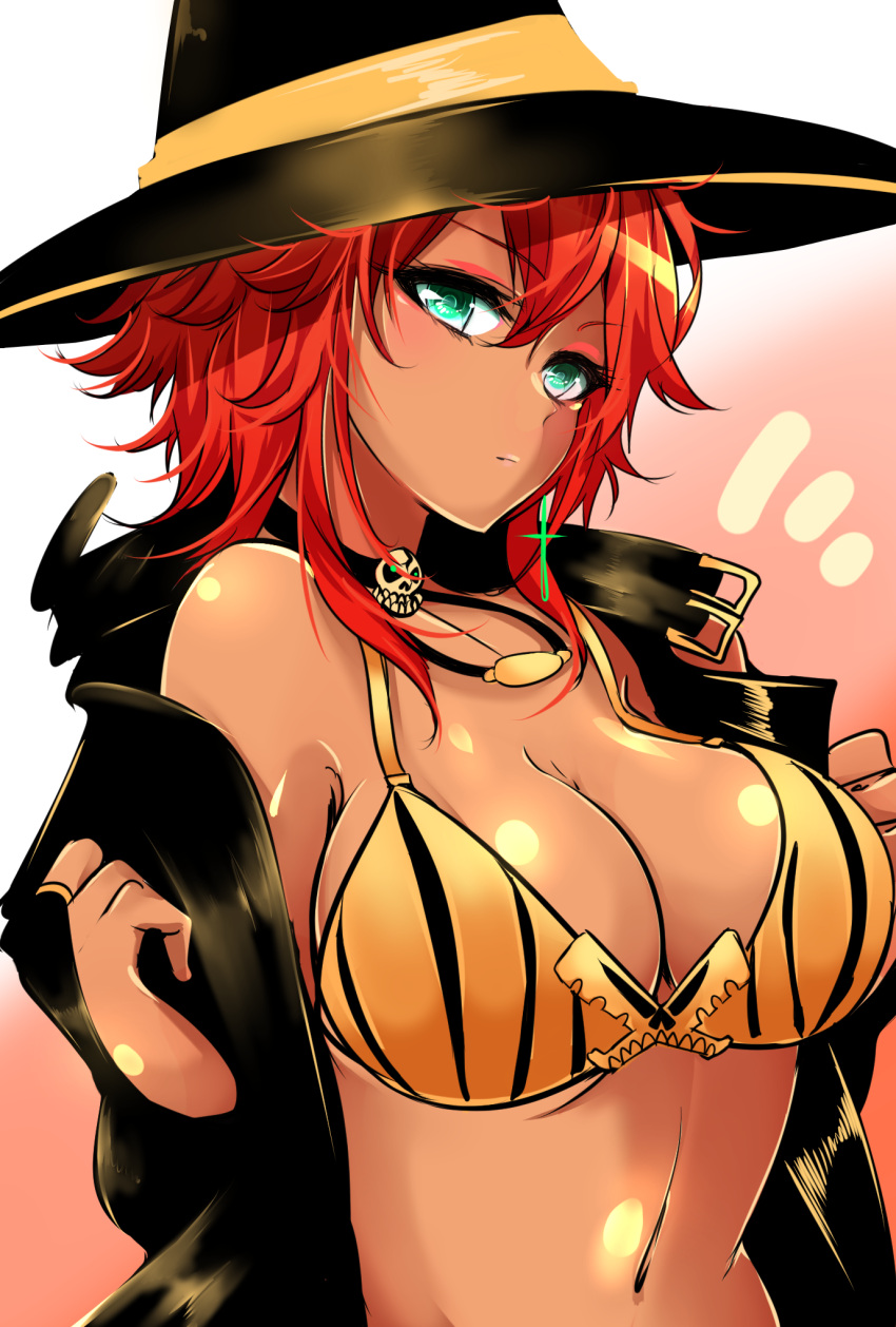 1girl agetama bare_shoulders blush bra breasts cleavage closed_mouth coat dark_skin green_eyes hair_between_eyes hat highres large_breasts long_hair looking_at_viewer navel open_clothes open_coat original redhead solo stomach underwear undressing upper_body witch witch_hat yellow_bra