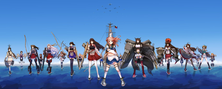 6+girls abukuma_(kantai_collection) ahoge aircraft akagi_(kantai_collection) akebono_(kantai_collection) akizuki_(kantai_collection) apron armor armored_boots arrow asymmetrical_legwear bangs bike_shorts black_gloves black_hair black_legwear black_serafuku black_skirt blonde_hair blue_hakama blue_skirt bodysuit boots bow bow_(weapon) braid breasts brown_eyes brown_hair buttons cannon closed_mouth clothes_writing coat collar commentary detached_sleeves double_bun dress eyebrows_visible_through_hair flag flight_deck forehead_protector full_body gloves green_bow gun hair_between_eyes hair_bobbles hair_bow hair_bun hair_ornament hair_ribbon hair_rings hakama hakama_skirt half_updo hand_on_hip hat headband headgear highres jacket japanese_clothes jintsuu_(kantai_collection) kaga_(kantai_collection) kamezo kantai_collection kasumi_(kantai_collection) kikumon kimono kitakami_(kantai_collection) kneehighs kongou_(kantai_collection) loafers long_sleeves looking_at_viewer machinery mast maya_(kantai_collection) midriff midriff_peek military military_uniform multiple_girls muneate myoukou_(kantai_collection) nagato_(kantai_collection) navel neck_ribbon neckerchief nontraditional_miko oboro_(kantai_collection) ocean one_eye_closed open_mouth orange_hair oriental_umbrella partly_fingerless_gloves pinafore_dress pink_eyes pink_hair pleated_skirt pointing ponytail quiver rabbit red_eyes red_hakama red_legwear red_neckerchief red_ribbon remodel_(kantai_collection) ribbon ribbon-trimmed_sleeves ribbon_trim rigging rudder_shoes sandals sazanami_(kantai_collection) scarf school_uniform serafuku shigure_(kantai_collection) shoes short_hair short_sleeves shoukaku_(kantai_collection) side_ponytail silver_hair single_braid skirt smile standing standing_on_liquid straight_hair tasuki thigh-highs torpedo turret twintails umbrella uniform water weapon white_hair white_kimono white_legwear white_scarf white_skirt wide_sleeves yamato_(kantai_collection) yugake yuudachi_(kantai_collection) zuikaku_(kantai_collection)