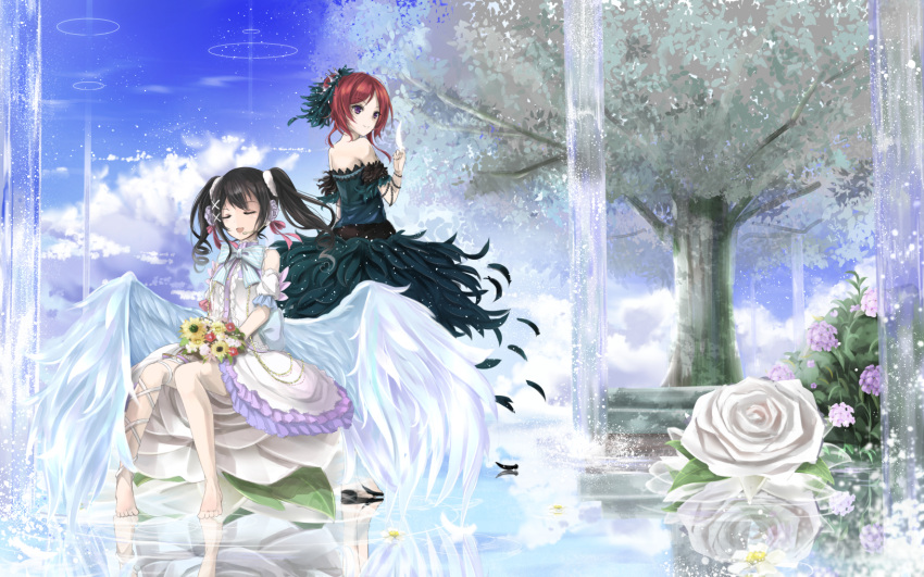 2girls barefoot black_dress black_hair blue_bow blue_bowtie bouquet bow bowtie closed_eyes day dress feathered_wings flower hair_ornament highres holding holding_bouquet holding_feather long_hair love_live! love_live!_school_idol_project microphone multiple_girls nishikino_maki open_mouth orein outdoors redhead reflecting_pool short_hair sitting sky sleeveless sleeveless_dress tree twintails violet_eyes white_dress white_feathers white_flower white_wings wings yazawa_nico