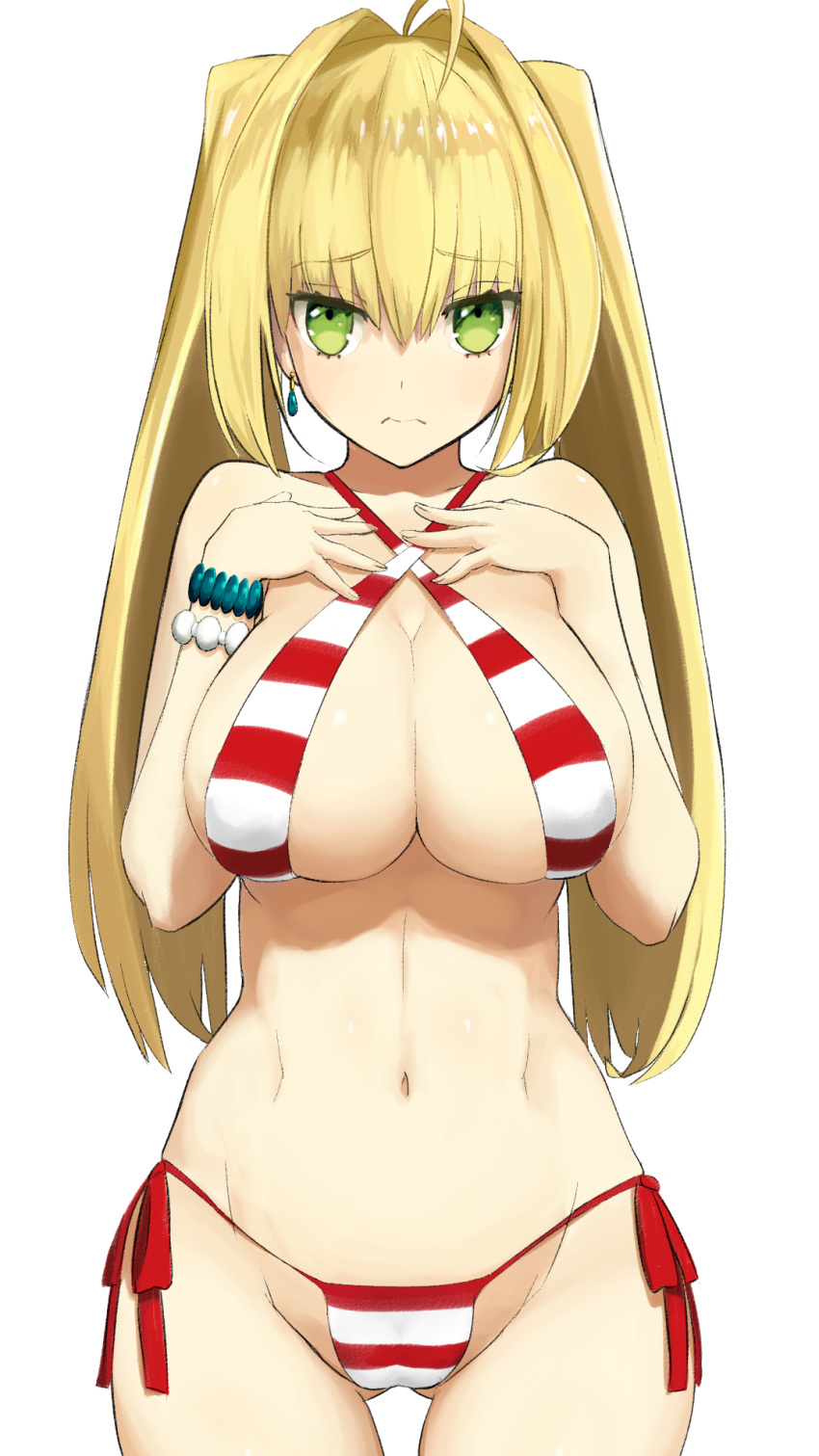 1girl 3: ahoge alternate_hairstyle bangs bikini blonde_hair blush bracelet breast_suppress breasts cleavage closed_mouth criss-cross_halter dh_ead eyebrows_visible_through_hair fate/grand_order fate_(series) frown green_eyes groin hair_between_eyes hair_intakes halterneck hands_on_own_chest highres hips jewelry large_breasts long_hair looking_at_viewer navel nero_claudius_(swimsuit)_(fate) red_bikini saber_extra side-tie_bikini sidelocks simple_background solo striped striped_bikini swimsuit thighs tsurime twintails white_background white_bikini