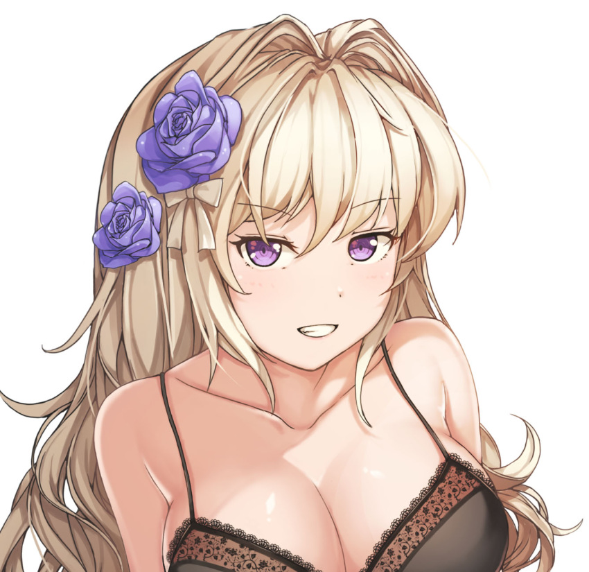 1girl blonde_hair bra breasts cleavage flower hair_flower hair_intakes hair_ornament hallohi highres lace lace-trimmed_bra large_breasts long_hair looking_at_viewer original red_eyes smile solo underwear upper_body violet_eyes white_background