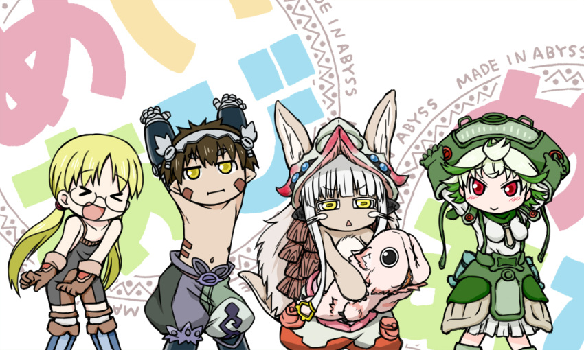 &gt;_&lt; 1boy 3girls :d :i animal_ears arms_up bare_shoulders blonde_hair blush breasts brown_gloves brown_hair clenched_hands closed_mouth copyright_name donoteat eyebrows_visible_through_hair furry glasses gloves green_gloves green_hair hat head_tilt holding jitome kono_subarashii_sekai_ni_shukufuku_wo! long_hair made_in_abyss mechanical_arms medium_breasts mitty_(made_in_abyss) multiple_girls nanachi_(made_in_abyss) navel open_mouth overalls pants parody prushka red_eyes regu_(made_in_abyss) riko_(made_in_abyss) short_hair skirt smile tail tomorrow_(konosuba) triangle_mouth twintails very_long_hair white_hair yellow_eyes