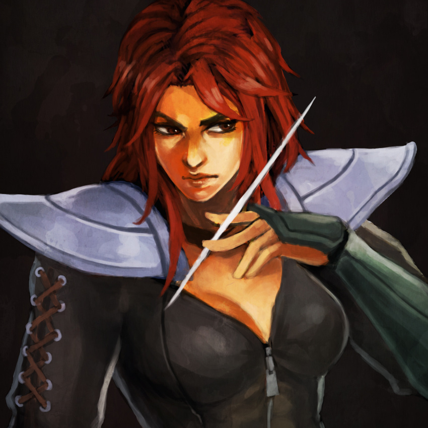1girl absurdres black_background breasts brown_eyes cleavage dark_background facing_viewer gauntlets highres hokuto_no_ken holding holding_needle holding_weapon lace long_hair long_sleeves looking_away looking_to_the_side mamiya medium_breasts monori_rogue needle redhead shoulder_pads simple_background solo weapon zipper