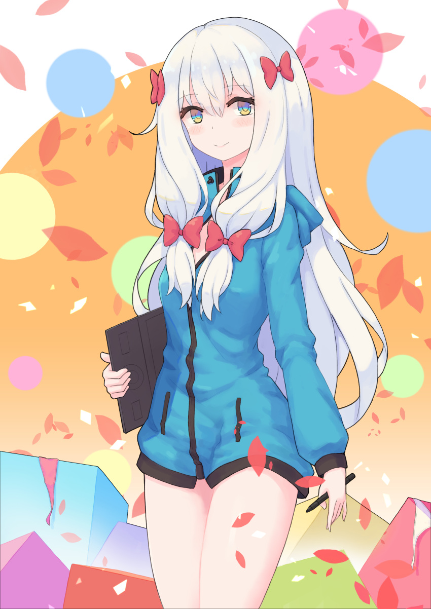 10s 1girl absurdres bangs blue_eyes bow circle cowboy_shot cube eromanga_sensei eyebrows_visible_through_hair green_jacket hair_between_eyes hair_bow highres holding holding_pen hood hooded_jacket izumi_sagiri jacket long_hair looking_at_viewer multicolored multicolored_background multicolored_eyes older partially_unzipped petals red_bow silver_hair smile solo stylus tablet yao_ren_gui yellow_eyes