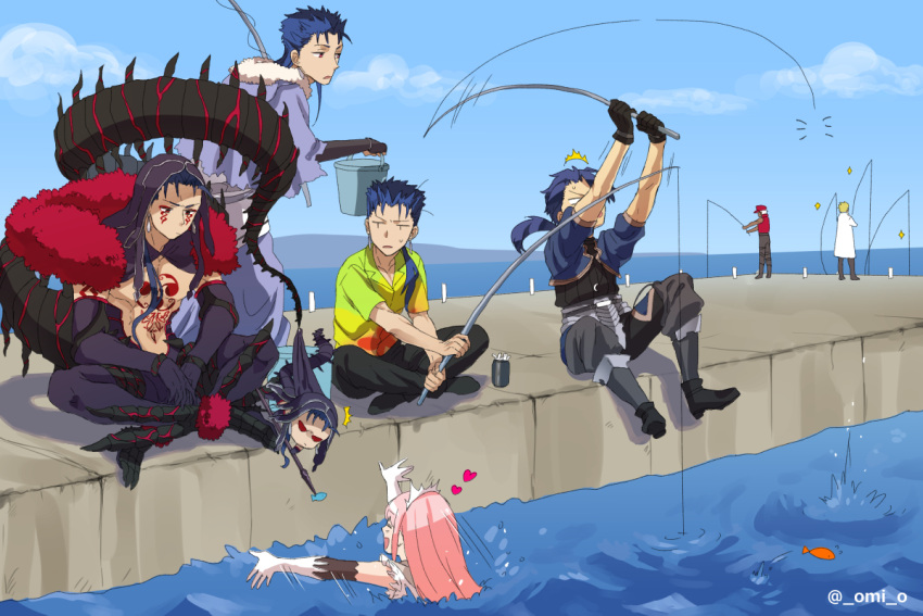 1girl 6+girls archer blonde_hair blue_hair bucket cape casual clone cu_chulainn_(fate/grand_order) cu_chulainn_alter_(fate/grand_order) dark_skin dark_skinned_male fate/grand_order fate/prototype fate/stay_night fate_(series) fishing fishing_line fishing_rod gilgamesh gloves holding holding_fishing_rod hood lancer lancer_(fate/prototype) long_hair medb_(fate/grand_order) multiple_boys multiple_girls multiple_persona omi_(tyx77pb_r2) ponytail red_eyes tattoo white_hair