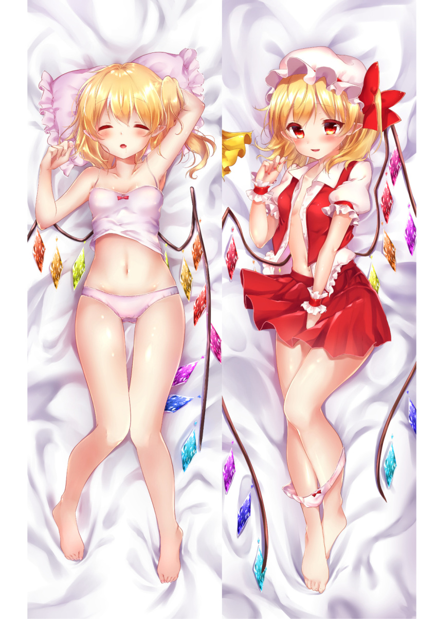 1girl armpits bare_arms bare_legs barefoot bed_sheet blonde_hair blush bow bow_panties breasts camisole closed_eyes collared_shirt dakimakura flandre_scarlet full_body hat hat_bow highres knees_together_feet_apart looking_at_viewer lying medium_breasts miniskirt mob_cap multiple_views navel on_back open_clothes open_shirt panties panty_pull pillow pink_panties pointy_ears puffy_short_sleeves puffy_sleeves red_bow red_eyes red_skirt shanghai_bisu shirt short_sleeves side_ponytail skirt sleeping smile stomach touhou underwear underwear_only vest white_hat wings