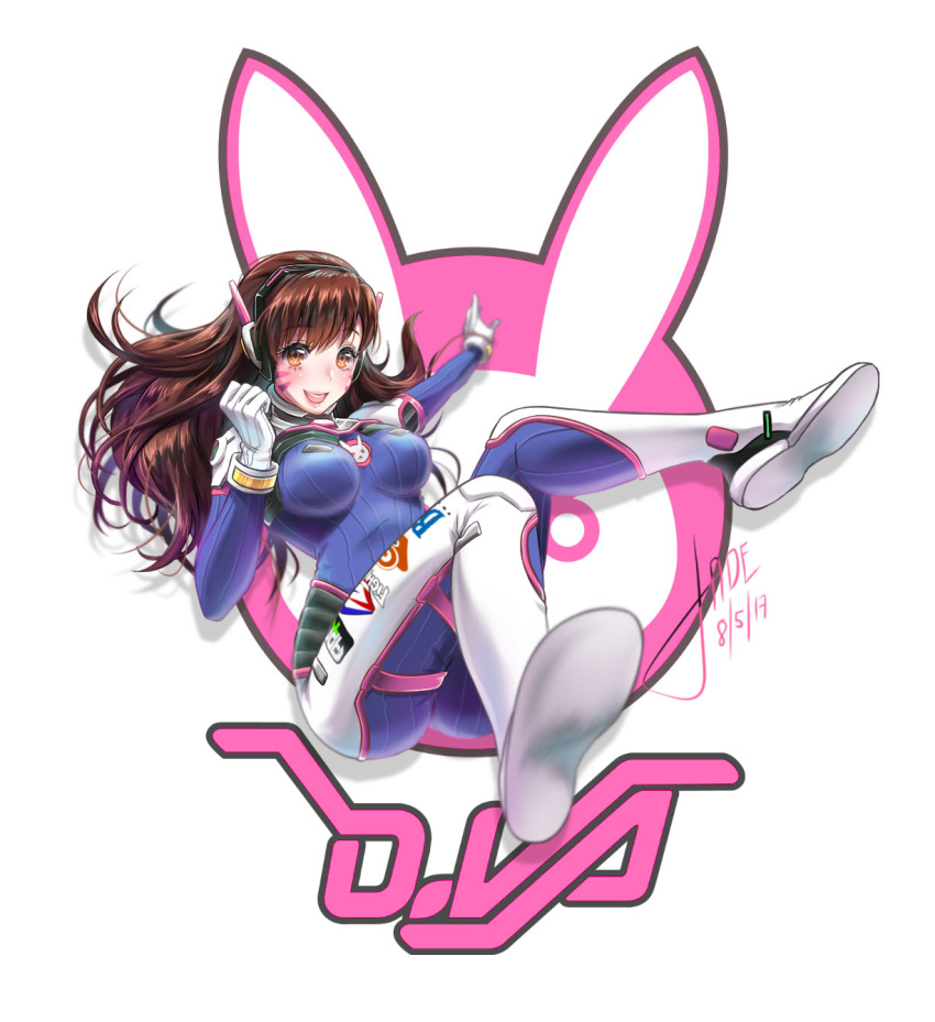 1girl animal_print bangs blue_bodysuit blurry blush bodysuit breasts brown_eyes brown_hair bunny_print character_name clenched_hand clothes_writing d.va_(overwatch) dated depth_of_field emblem eyebrows_visible_through_hair facepaint facial_mark foreshortening full_body gloves headphones high_collar highres long_hair looking_at_viewer medium_breasts namiko.keita open_mouth outstretched_arm overwatch pilot_suit pink_lips ribbed_bodysuit shadow shoulder_pads signature simple_background skin_tight smile solo swept_bangs whisker_markings white_background white_gloves