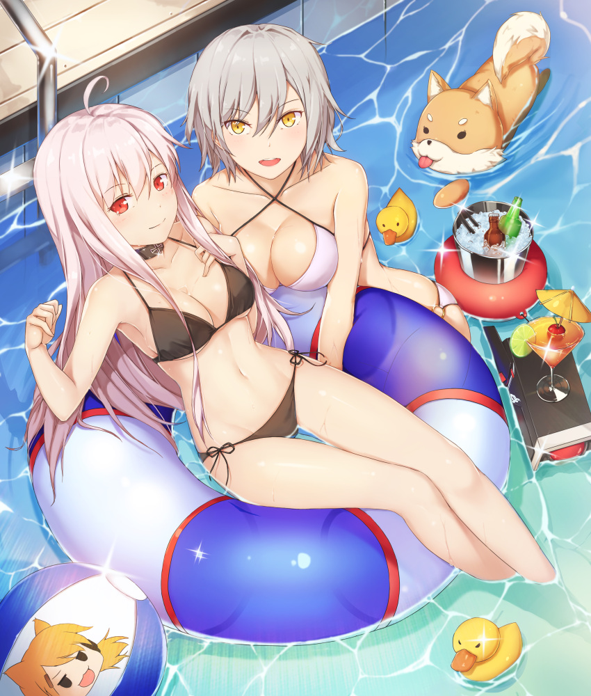 2girls :d absurdres ahoge animal ball bangs bare_arms bare_legs bare_shoulders beachball bikini black_bikini blush bottle breasts bucket cleavage cocktail cocktail_glass collarbone criss-cross_halter cup day dog drinking_glass eyebrows_visible_through_hair eyelashes food fruit girls_frontline glass grey_hair groin hair_between_eyes hallohi halter_top halterneck hand_on_own_chest hands_up highres ice_bucket innertube iron_cross kar98k_(girls_frontline) large_breasts lemon lemon_slice long_hair looking_at_viewer medium_breasts midriff multiple_girls navel o-ring_bikini o-ring_bottom open_mouth outdoors partially_submerged pool pool_ladder poolside red_eyes round_teeth rubber_duck shiba_inu shiny shiny_skin short_hair side-by-side side-tie_bikini silver_hair smile soda soda_bottle sparkle stomach strap_gap string_bikini swimming swimsuit tdi_vector_(girls_frontline) teeth upper_teeth water wet white_hair yellow_eyes yukkuri_shiteitte_ne