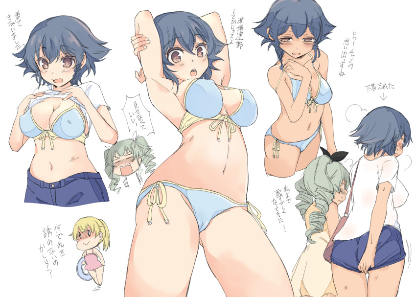 0_0 10s 2girls abenattou anchovy arms_behind_head bangs bikini black_hair black_ribbon blonde_hair blue_bikini blue_skirt blush braid breasts brown_eyes carpaccio cleavage denim denim_skirt drill_hair eyebrows_visible_through_hair from_behind front-tie_bikini front-tie_top girls_und_panzer gluteal_fold green_hair hair_ribbon long_hair medium_breasts miniskirt multiple_girls multiple_views naked_towel navel one-piece_swimsuit pepperoni_(girls_und_panzer) pink_swimsuit ribbon shirt shirt_lift short_hair side-tie_bikini side_braid skirt skirt_tug standing strap_slip sweat sweatdrop swimsuit t-shirt tan towel translated twin_drills twintails white_background white_shirt