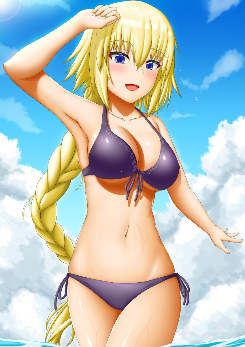 1girl :d absurdres abukobato alternate_costume armpits bangs bikini blonde_hair blue_eyes blush braid breasts cleavage clouds cloudy_sky collarbone cowboy_shot day fate/apocrypha fate_(series) highres large_breasts long_hair looking_at_viewer navel open_mouth purple_bikini ruler_(fate/apocrypha) side-tie_bikini single_braid sky smile solo stomach swimsuit under_boob very_long_hair wading