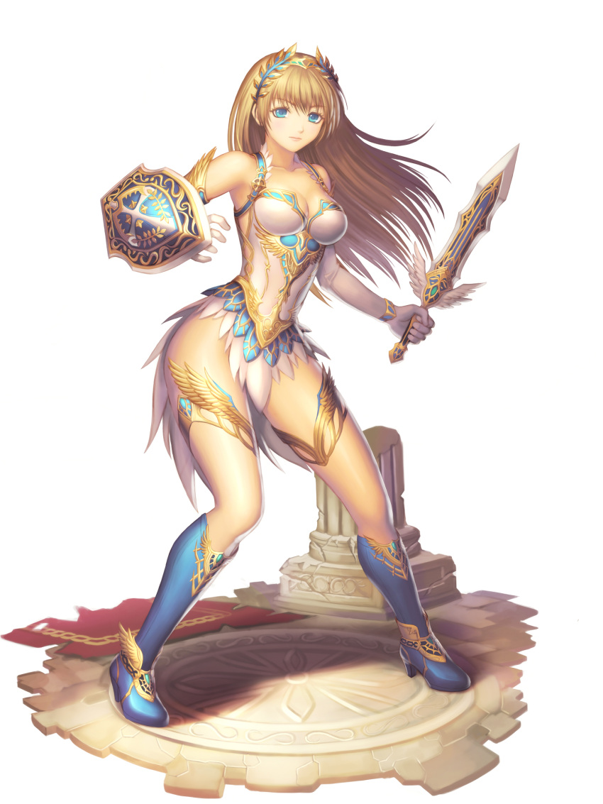 1girl armor armored_dress bangs bare_shoulders blue_boots blue_eyes boots breasts brown_hair cleavage closed_mouth collarbone dress elbow_gloves feather_trim full_body gloves hairband headgear highres holding holding_sword holding_weapon long_hair looking_at_viewer medium_breasts original serious shield short_dress solo standing sword thighlet turna98 weapon white_gloves