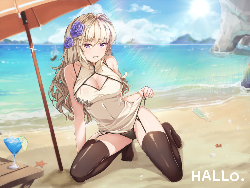 1girl absurdres arm_support beach beach_umbrella blonde_hair blue_skirt blush breasts cleavage cleavage_cutout clouds crab eyebrows_visible_through_hair flower garter_straps glass_bottle hair_flower hair_intakes hair_ornament hallohi highres kneeling lace lace-trimmed_panties large_breasts lime_slice long_hair looking_at_viewer ocean original palm_tree panties shoreline skirt smile solo starfish swimsuit thigh-highs tree umbrella underwear
