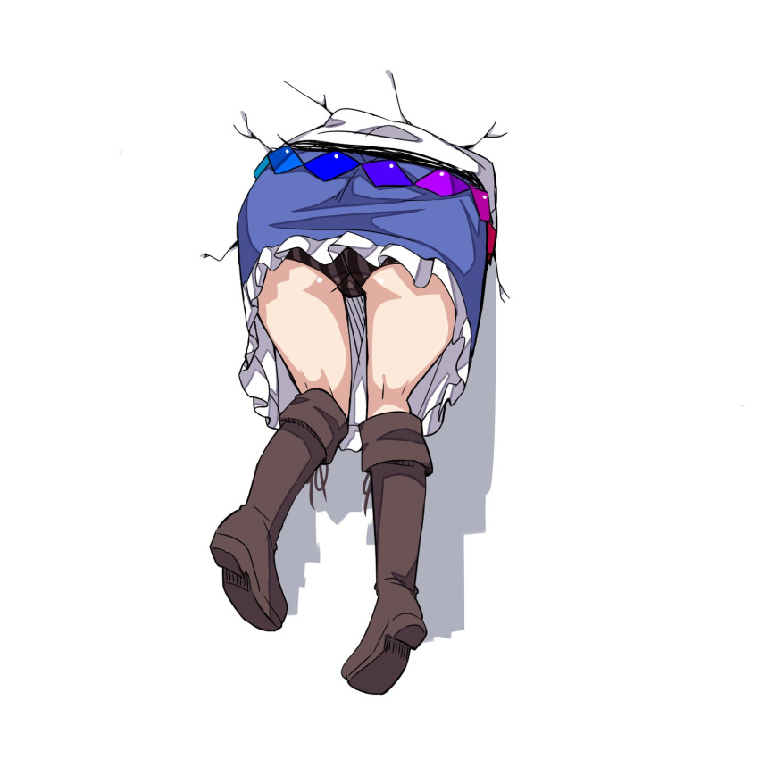 1girl ass black_panties blue_skirt boots brown_boots commentary_request from_behind highres hinanawi_tenshi knee_boots lower_body neropaso panties simple_background skirt solo striped striped_panties stuck touhou underwear vertical-striped_panties vertical_stripes white_background