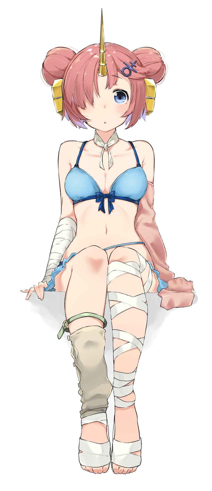 1girl :&lt; absurdres arm_wrap berserker_of_black bikini bikini_skirt blue_bikini blue_eyes breasts cleavage detached_collar double_bun fate/apocrypha fate/grand_order fate_(series) feet full_body hair_ornament hair_over_one_eye headgear highres horn kei_(soundcross) leg_wrap looking_at_viewer medium_breasts navel no_shoes pink_hair short_hair sitting solo swimsuit toes