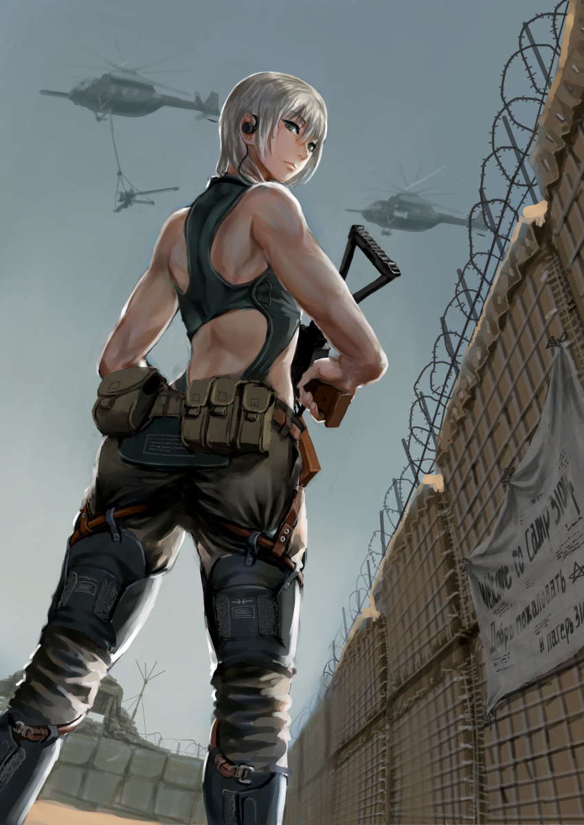1girl aircraft barbed_wire earphones english from_below green_eyes gun helicopter highres holding holding_gun holding_weapon jittsu looking_back military muscle muscular_female original pouch russian weapon white_hair