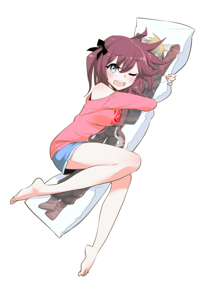 1girl barefoot blue_eyes dakimakura_(object) from_above hakua_shou highres kumagai_yuuki looking_at_viewer mikame_miharu off_shoulder official_art one_eye_closed pillow pillow_hug re:creators re:creators_one_more! shorts simple_background solo two_side_up white_background