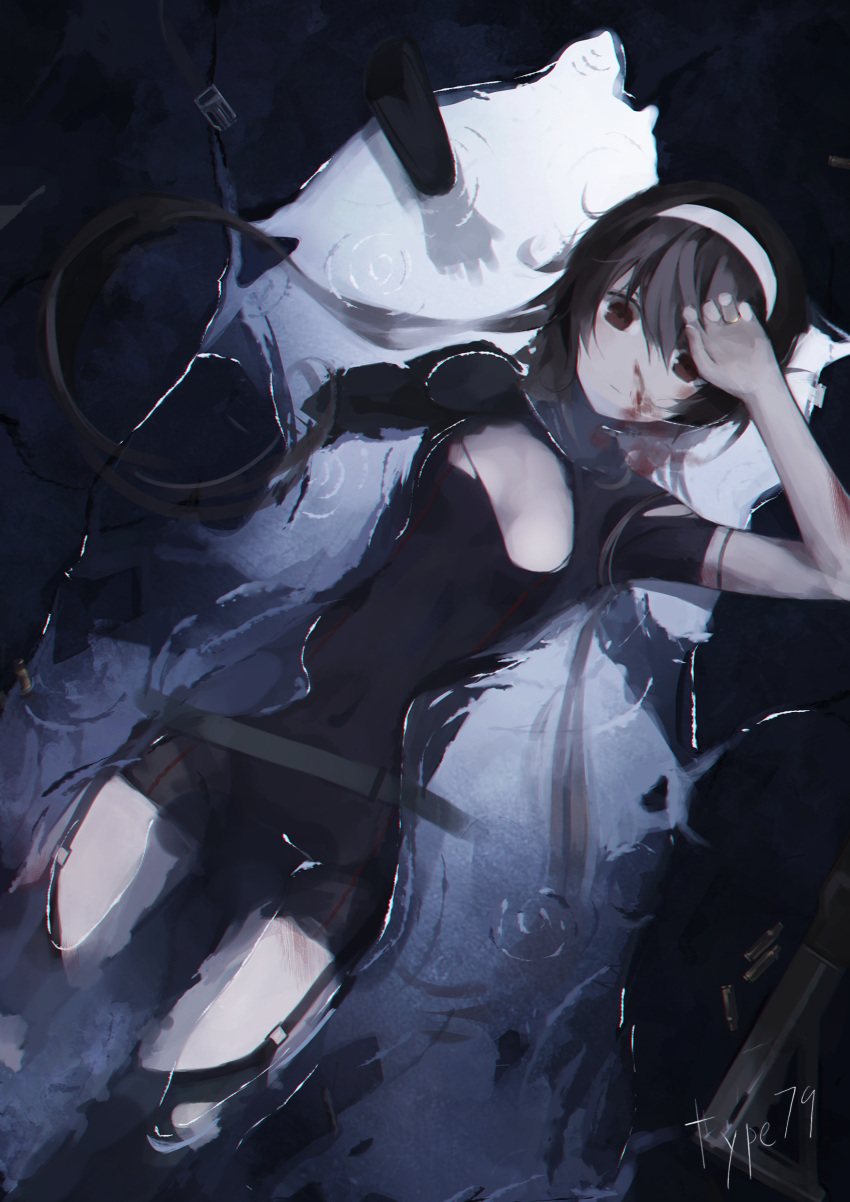 absurdres arm_up bangs black_dress black_hair black_legwear blood brown_eyes character_name dress garter_straps girls_frontline gyup91 hair_between_eyes hairband highres long_hair lying on_back partially_submerged puddle ripples short_sleeves thigh-highs type_79_(girls_frontline) type_79_smg water_surface