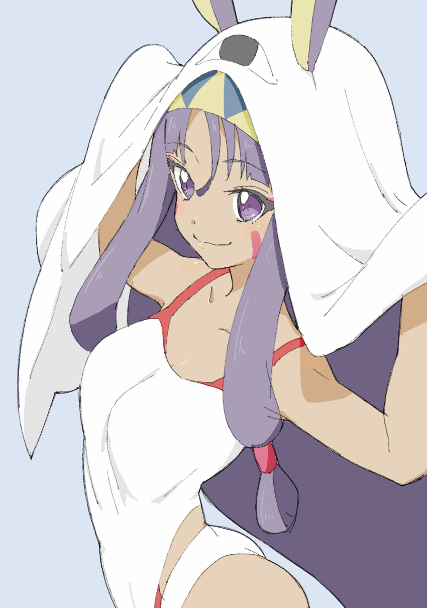 1girl absurdres animal_ears arched_back arms_up ass blue_background breasts closed_mouth dark_skin donguri_suzume eyeliner facial_mark fate/grand_order fate_(series) hair_between_eyes hairband highres long_hair looking_at_viewer makeup medium_breasts nitocris_(fate/grand_order) one-piece_swimsuit purple_hair sidelocks simple_background smile solo swimsuit veil very_long_hair violet_eyes white_swimsuit