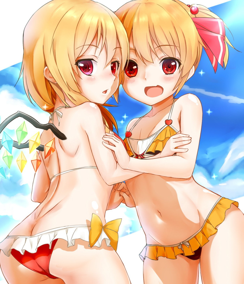 2girls ass bangs bare_arms bikini black_bikini blonde_hair blue_sky breasts butt_crack clouds cloudy_sky day eyebrows_visible_through_hair flandre_scarlet frilled_bikini frills groin hair_ribbon highres looking_at_viewer multiple_girls navel open_mouth outdoors red_bikini red_eyes red_ribbon ribbon rumia shiron_(e1na1e2lu2ne3ru3) sky small_breasts smile stomach swimsuit touhou wings