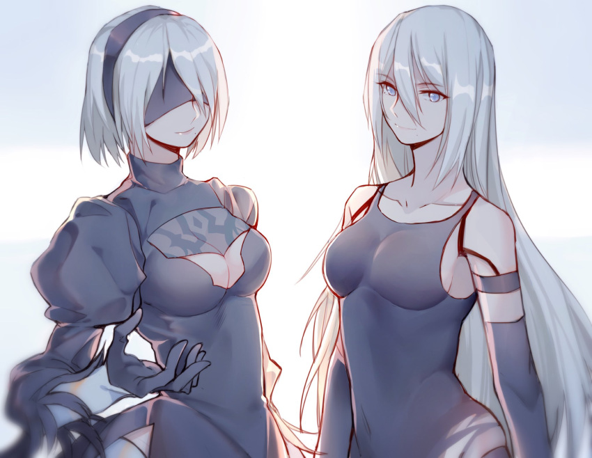 2girls android bare_shoulders black_dress black_gloves black_hairband blindfold blue_eyes breasts cleavage_cutout dress gloves hairband highres long_hair long_sleeves mole mole_under_mouth multiple_girls nier_(series) nier_automata short_hair silver_hair smile tank_top yorha_no._2_type_b yorha_type_a_no._2 yorukun